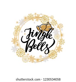 Jingle bells print, lettering text and two holiday campanes vector winter wreath tag with snowflakes. Winter greetings on New Year, calligraphic doodles