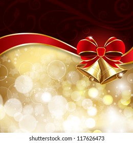 Jingle bells with red bow on a shines background. Vector illustration