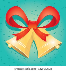 Jingle bells with red bow on star sky background. Vector illustration