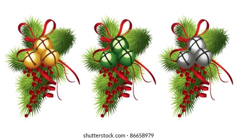 Jingle  bells with red ribbon, holly and pine branches