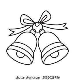 Jingle Bells Ribbon Bow Christms Decoration Vector. Black and white. White Background. Line drawing.