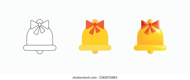 Jingle Bells Sticker Pack. Yellow Christmas Bell with red tied bow in three styles - Contour, Flat, 3D. Traditional Christmas Symbol. Design Elements for Coloring Books. Icons Set. Vector illustration
