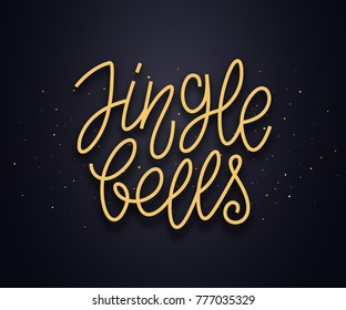 Jingle Bells typography text and gold confetti on luxury black background. Premium vector illustration with lettering for winter holidays