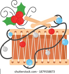 Jingle Drum with Sticks Concept, Light Bulb and Red Berry Vector Color Icon Design, Merry Christmas Symbol on white background, New Year Celebration Sign,