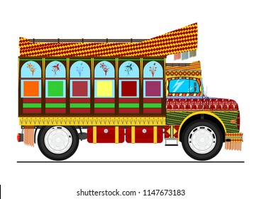 Jingle truck. Retro cartoon Indian decorated truck. Flat vector.