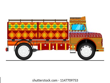 Jingle truck. Retro cartoon Indian decorated truck. Flat vector.