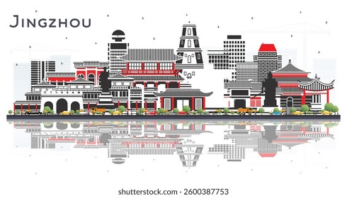 Jingzhou China City Skyline with Color Buildings and reflections Isolated on White. Vector Illustration. Tourism Concept with Historic and Modern Architecture. Jingzhou Cityscape with Landmarks.