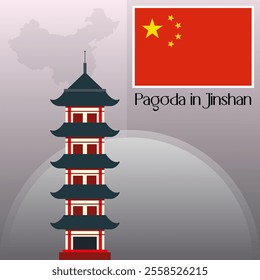 Jinshan Temple Vector Illustration Clipart, World Famous Places Art, China Temple Vector Art, China Map and Flag Vector Art