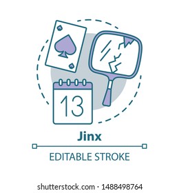 Jinx concept icon. Magic and superstition idea thin line illustration. Bad luck, misfortune omen. Broken mirror, friday 13th and spades card vector isolated outline drawing. Editable stroke