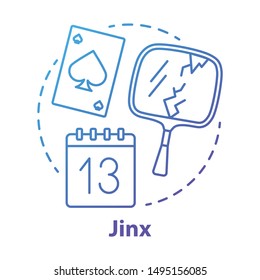 Jinx concept icon. Magic and superstition idea thin line illustration. Bad luck, misfortune omen, mystic curse. Broken mirror, friday 13th and spades card vector isolated outline drawing