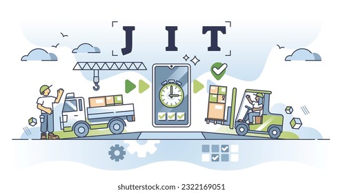 JIT or just in time delivery and warehouse management system outline concept. Lean manufacturing strategy with effective logistics planning from supply chain to fast shipping vector illustration.