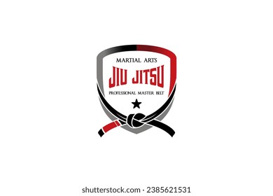 Jiu jitsu martial arts logo design, mixed martial arts sport red black belt shield vector illustration