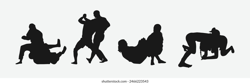 Siluetas del conjunto del Vector de Jiu Jitsu sobre fondo blanco. Diferente accion, pose. Artes marciales, judo, deporte. Ilustración gráfica.