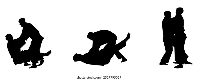 Silhuetas de conjunto de vetor de Jiu Jitsu sobre fundo branco. Diferentes ações, poses. Artes marciais, judô, esportes. Ilustração vetorial.