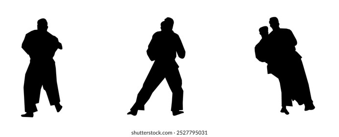 Silhuetas de conjunto de vetor de Jiu Jitsu sobre fundo branco. Diferentes ações, poses. Artes marciais, judô, esportes. Ilustração vetorial.