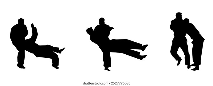 Silhuetas de conjunto de vetor de Jiu Jitsu sobre fundo branco. Diferentes ações, poses. Artes marciais, judô, esportes. Ilustração vetorial.