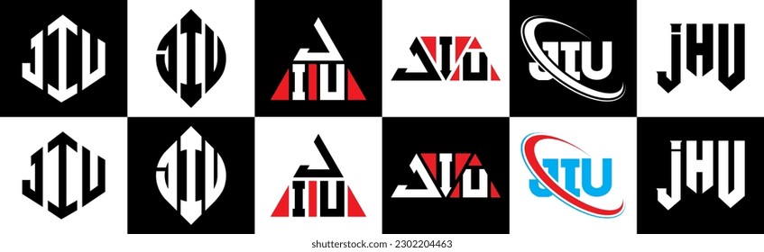 JIU letter logo design in six style. JIU polygon, circle, triangle, hexagon, flat and simple style with black and white color variation letter logo set in one artboard. JIU minimalist and classic logo