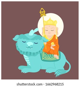 Jizo Bodhisattva sitting on auspicious animal. Chinese God. Cartoon Character. Vector Illustration.