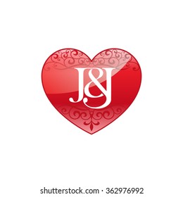 J&J initial letter couple logo with ornament heart shape