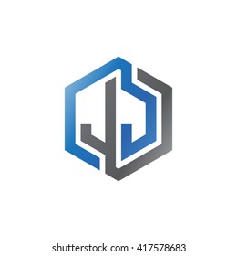 JJ initial letters looping linked hexagon logo black gray blue