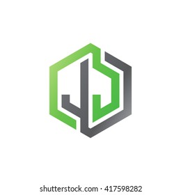 JJ initial letters looping linked hexagon logo black gray green