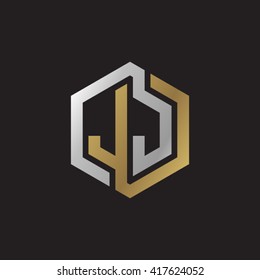JJ initial letters looping linked hexagon elegant logo golden silver black background