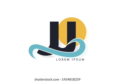 JJ letter logo with ocean waves and sunset. Beach concept design