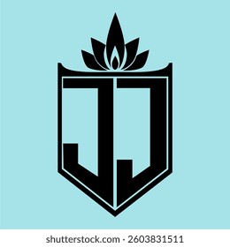 JJ Logo featuring a minimalist design with a crown-like flower symbol on top, bold black elements, and a soft blue background, perfect for branding and modern visual identity.