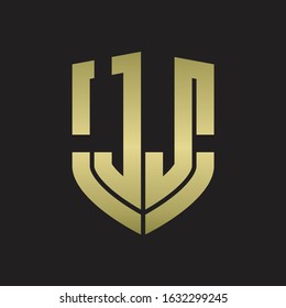 JJ Logo monogram with emblem shield shape design isolated gold colors on black background