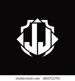 Monograma del logotipo JJ con línea de protección y plantilla de diseño de 3 flechas sobre fondo negro