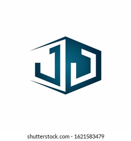 JJ monogram logo with hexagon shape and negative space style ribbon design template