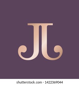 JJ monogram.Typographic logo with double letter j.Alphabet initials sign.Uppercase lettering icon isolated on purple background.Shiny metallic shape.Elegant, luxury, boutique, wedding style.