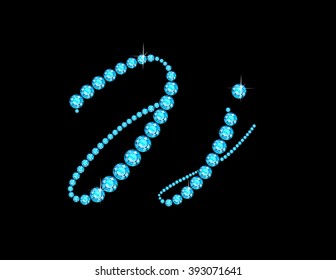 Jj in stunning Aquamarine Script precious round jewels, isolated on black. Vector EPS-10 file, transparency used. 