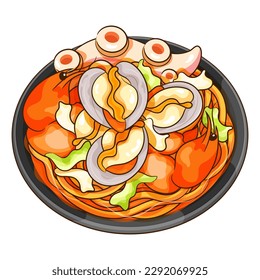 Jjampong korean food illustration vector. Japanese spicy seafood noodle soup (Champon). Thai seafood noodle soup vector. Chinese seafood noodle soup cartoon. Spicy asian noodle with shrimp shell squid