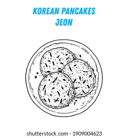 JJeon pancakes sketch, korean food. Hand drawn vector illustration. Sketch style. Top view. Vintage vector illustration.
