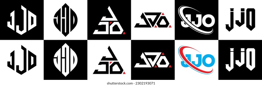 JJO letter logo design in six style. JJO polygon, circle, triangle, hexagon, flat and simple style with black and white color variation letter logo set in one artboard. JJO minimalist and classic logo
