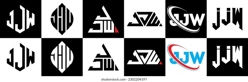 JJW letter logo design in six style. JJW polygon, circle, triangle, hexagon, flat and simple style with black and white color variation letter logo set in one artboard. JJW minimalist and classic logo
