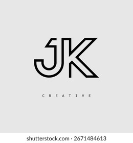 JK Creative Letter Logo - Monograma de linha mínima em contorno preto para design de identidade de marca moderno.
