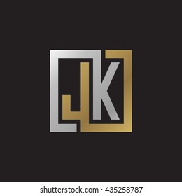 JK initial letters looping linked square elegant logo golden silver black background