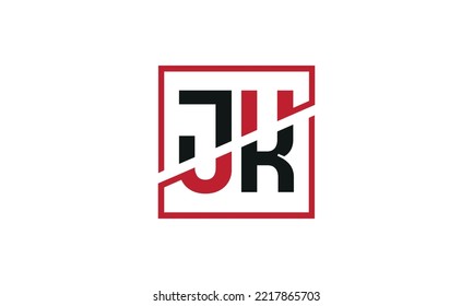 JK logo design. Initial JK letter logo monogram design in black and red color with square shape.