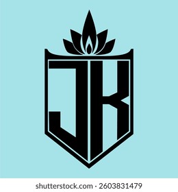 JK Logo featuring a minimalist design with a crown-like flower symbol on top, bold black elements, and a soft blue background, perfect for branding and modern visual identity.