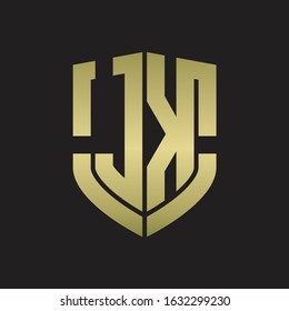 JK Logo monogram with emblem shield shape design isolated gold colors on black background