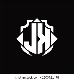 JK logo monogram with shield line and 3 arrows shape design template on black background