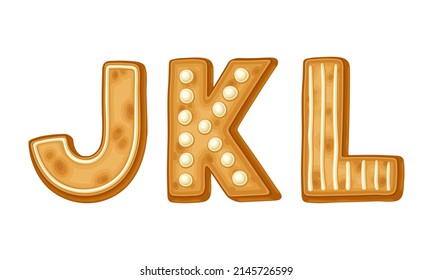 J,K,L letters covered by icing sugar. Ginger cookies Christmas alphabet cartoon vector illustration