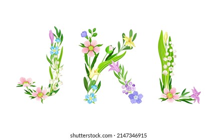 J,K,L uppercase letters made of leaves and flowers. Floral alphabet for wedding, invitation greeting card design cartoon vector illustration