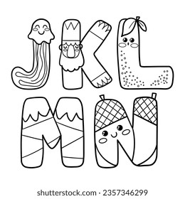 JKLMN decorated letters illustration, in black and white funny alphabet, coloring page