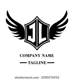 JL bold shield logo with wings, customizable with letters A to Z. Perfect for brands seeking a powerful symbol of strength, freedom, and ambition