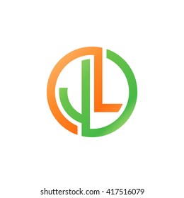 JL initial letters looping linked circle logo orange green