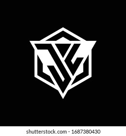 Monograma del logotipo JL con combinación de forma triángulo y hexagón aislado en colores dorados y blancos