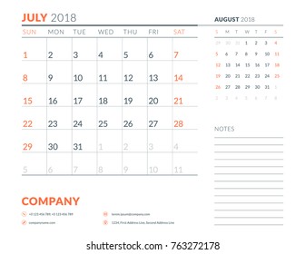 Jluly 2018. Calendar planner design template. Week starts on Sunday. Stationery design